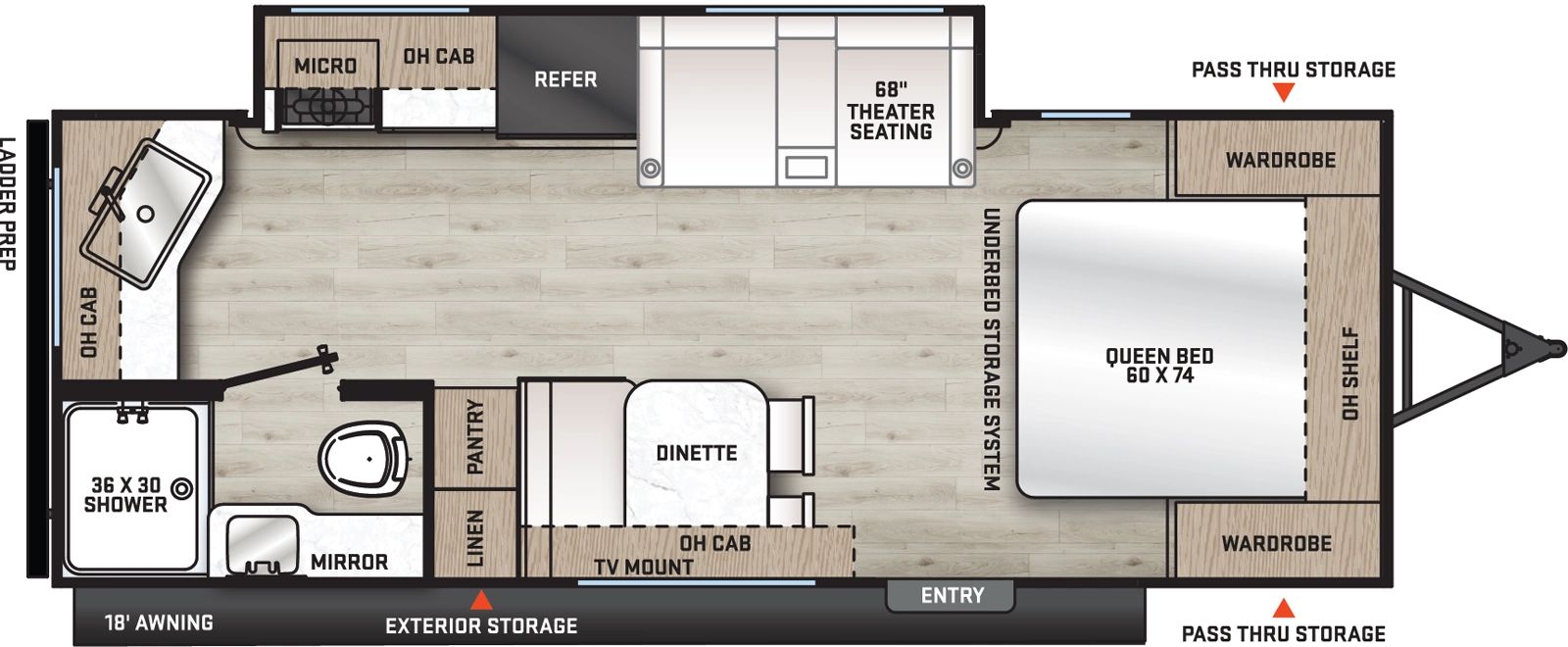 The Aurora Light 22MLS - DSO floorplan has one entry and one slide out. Exterior features include: metal exterior and 18' awning. Interiors features include: front bedroom.